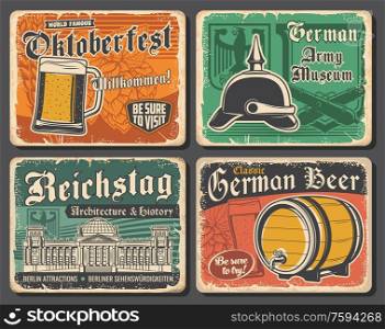 Germany travel landmarks and German Oktoberfest beer vector design. Glass, barrel and tankard of lager or ale alcohol drinks with barley and hops, Reichstag building, heraldic eagle and spiked helmet. Oktoberfest beer and Reichstag. German travel