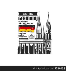 Germany travel landmarks icon, Berlin city sightseeing tours and tourism agency vector symbol. Welcome to Berlin sign with Brandenburg Gate and Kaiser Wilhelm Memorial Church, German history, culture. Germany travel landmarks icon, Berlin sightseeing
