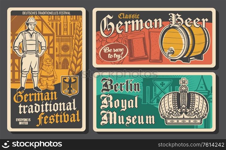 Germany travel retro vector posters. Tour to Berlin, fachwerk houses, bavarian peasant and dwarf, beer festival and museum emperor crown. Traveling agency service, historic tradition. Travel to Germany retro vector posters