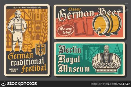 Germany travel retro vector posters. Tour to Berlin, fachwerk houses, bavarian peasant and dwarf, beer festival and museum emperor crown. Traveling agency service, historic tradition. Travel to Germany retro vector posters