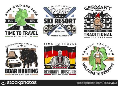 Germany vector icons of German travel and tourism traditional symbols. Flag, map and Bavarian buildings, hunter hat, hunting gun and boar, Alpine mountain ski resort, national costume, dwarf and crown. Germany travel and tourism vector icons