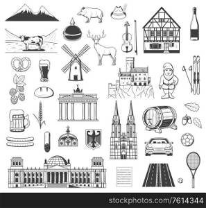 Germany vector objects, symbols and characters. Beer and sausage, pretzel. Bavarian hunting hat, Brandenburg Gate and fachwerk house building, heraldic eagle and Alps mountains, car and autobahn. Germany sybmols, objects and characters