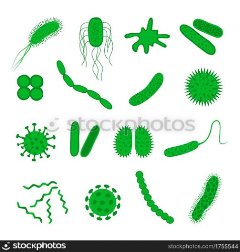 Germs and bacteria icons set isolated on white background. Shape of bacterial cell: cocci, bacilli, spirilla. Vector illustration in flat style.