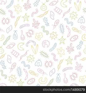 Germs, virus, bacterias and pathogen icons. Abstract color seamless vector pattern on white background. Germs, virus, bacterias and pathogen icons. Abstract color seamless vector pattern