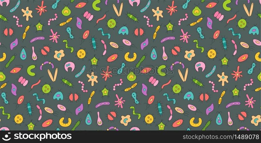 Germs, virus, bacterias and pathogen icons. Abstract seamless vector pattern on grey background. Microbes, virus, bacterias and pathogen icons colorful set. Collection of abstract vector germs