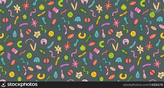 Germs, virus, bacterias and pathogen icons. Abstract seamless vector pattern on grey background. Microbes, virus, bacterias and pathogen icons colorful set. Collection of abstract vector germs