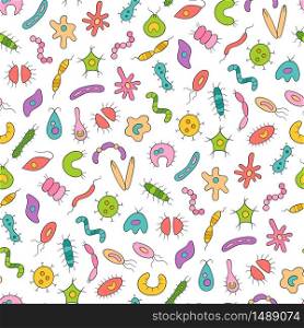 Germs, virus, bacterias and pathogen icons. Abstract seamless vector pattern on white background. Microbes, virus, bacterias and pathogen icons colorful set. Collection of abstract vector germs