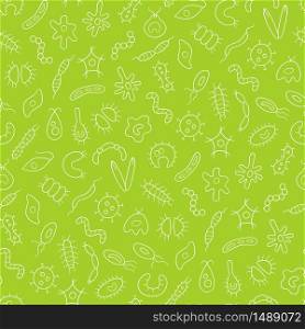 Germs, virus, bacterias and pathogen. Microbes and protozoa. Seamless vector pattern in linear style on green background. Germs, virus, bacterias and pathogen. Microbes and protozoa. Seamless vector pattern