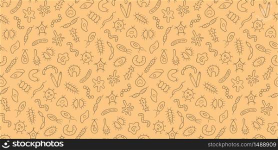 Germs, virus, bacterias and pathogen. Microbes and protozoa. Seamless vector pattern in linear style. Germs, virus, bacterias and pathogen. Microbes and protozoa. Seamless vector pattern