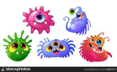 Germs, viruses and bacteria cartoon characters with cute funny faces. Smiling pathogen microbes or monsters with big eyes, colorful cells with teeth and tongues isolated vector illustration, icons set. Germs, viruses and bacteria cartoon characters set