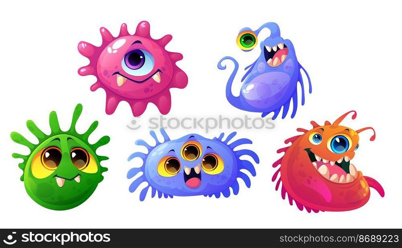 Germs, viruses and bacteria cartoon characters with cute funny faces. Smiling pathogen microbes or monsters with big eyes, colorful cells with teeth and tongues isolated vector illustration, icons set. Germs, viruses and bacteria cartoon characters set