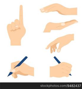 Gesticulation. The hand writes, holds and points. Set of hands in different gestures. Isolated vector illustration of human hands. Vector design elements.. Gesticulation. The hand writes, holds and points. Set of hands in different gestures.
