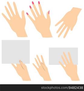 Gesticulation. Women’s hands hold an announcement. Set of hands in different gestures. Isolated vector illustration of human hands. Vector design elements.. Gesticulation. Women’s hands hold an announcement. Set of hands in different gestures. 