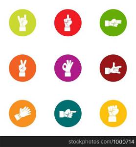 Gesture icons set. Flat set of 9 gesture vector icons for web isolated on white background. Gesture icons set, flat style