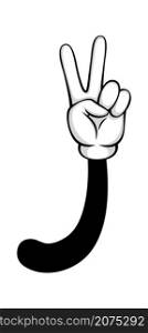 Gesture peace and greeting, two fingers up. Vector greeting cartoon and comical peace sign by human finger in white gloves illustration. Gesture peace and greeting, two fingers up