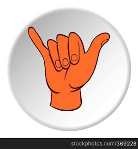 Gesture shaka icon in cartoon style on white circle background. Gestural symbol vector illustration. Gesture shaka icon, cartoon style