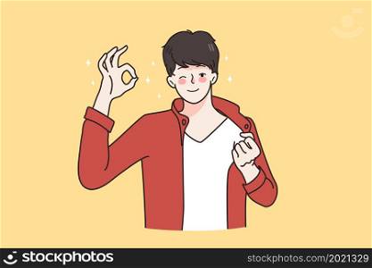 Gesture sign and good luck concept. Young man wearing red shirt standing and showing ok sign with hands fingers vector illustration . Gesture sign and good luck concept