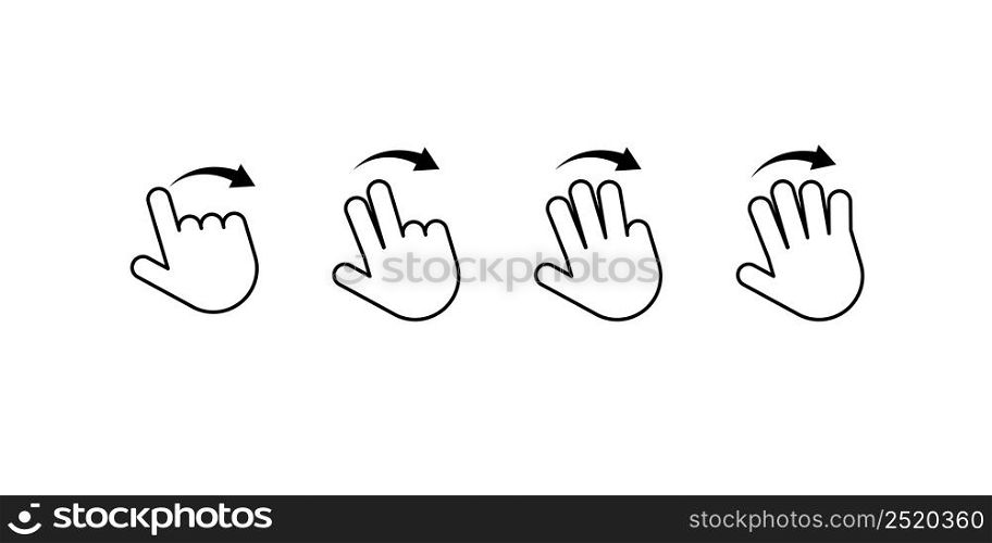 Gesture swipe icon, hand flick with one two and three pointer fingers. Sensory touch drag symbol collection.