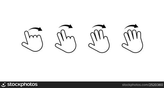 Gesture swipe icon, hand flick with one two and three pointer fingers. Sensory touch drag symbol collection.
