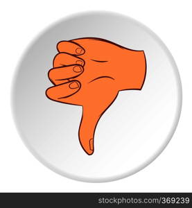 Gesture thumbs down icon in cartoon style on white circle background. Gestural symbol vector illustration. Gesture thumbs down icon, cartoon style