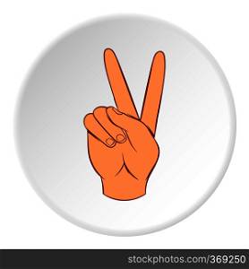 Gesture victoria icon in cartoon style on white circle background. Gestural symbol vector illustration. Gesture victoria icon, cartoon style