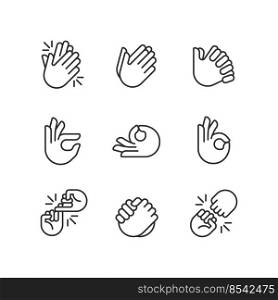 Gestures and communication pixel perfect linear icons set. Non verbal signals. Body expression. Customizable thin line symbols. Isolated vector outline illustrations. Editable stroke. Gestures and communication pixel perfect linear icons set