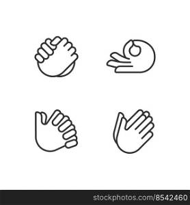 Gestures communication pixel perfect linear icons set. Hand position signals. Expression and greeting. Customizable thin line symbols. Isolated vector outline illustrations. Editable stroke. Gestures communication pixel perfect linear icons set