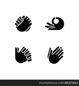 Gestures communication process black glyph icons set on white space. Hand signals. Expression and greeting signs. Silhouette symbols. Solid pictogram pack. Vector isolated illustration. Gestures communication process black glyph icons set on white space