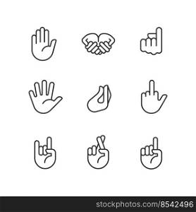 Gestures expression pixel perfect linear icons set. Non verbal communication. System of visual symbols. Customizable thin line symbols. Isolated vector outline illustrations. Editable stroke. Gestures expression pixel perfect linear icons set