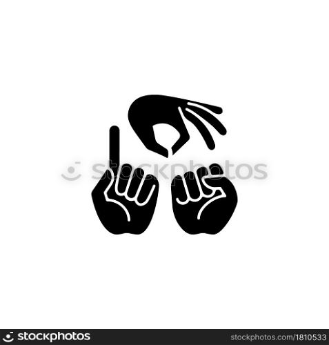 Gestures in communication black glyph icon. Hands movement. Expressing feelings. Non-verbal communication. Illustrating speech with arms. Silhouette symbol on white space. Vector isolated illustration. Gestures in communication black glyph icon