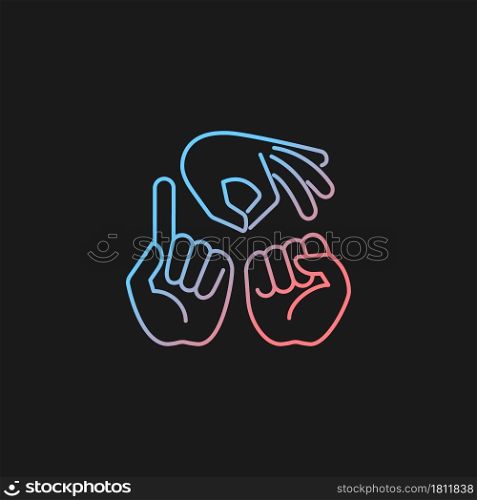 Gestures in communication gradient vector icon for dark theme. Hands movement. Non-verbal communication. Thin line color symbol. Modern style pictogram. Vector isolated outline drawing. Gestures in communication gradient vector icon for dark theme