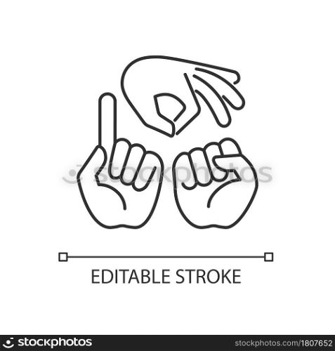 Gestures in communication linear icon. Hands movement. Express feelings. Non-verbal communication. Thin line customizable illustration. Contour symbol. Vector isolated outline drawing. Editable stroke. Gestures in communication linear icon