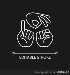 Gestures in communication white linear icon for dark theme. Hands movement. Nonverbal communication. Thin line customizable illustration. Isolated vector contour symbol for night mode. Editable stroke. Gestures in communication white linear icon for dark theme
