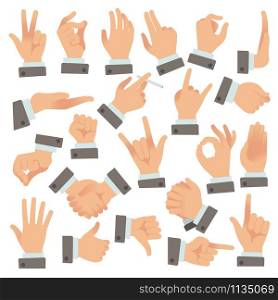 Gestures of businessman. Success people palms and hands, communication stopping holding shaking vector color icon of agreement sign set. Gestures of businessman. Success people palms and hands, communication stopping holding shaking vector color icon set