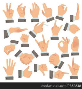 Gestures of businessman. Success people palms and hands, communication stopping holding shaking vector color icon of agreement sign set. Gestures of businessman. Success people palms and hands, communication stopping holding shaking vector color icon set