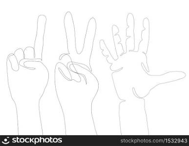 Gestures of hands from continuous line. The gesture of peace, indicating finger, five. Vector element for your creativity. Gestures of hands from continuous line. The gesture of peace, indicating finger, five.