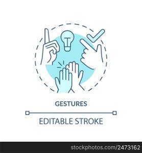 Gestures turquoise concept icon. Nonverbal communication abstract idea thin line illustration. Emphasize aspects of speech. Isolated outline drawing. Editable stroke. Arial, Myriad Pro-Bold fonts used. Gestures turquoise concept icon