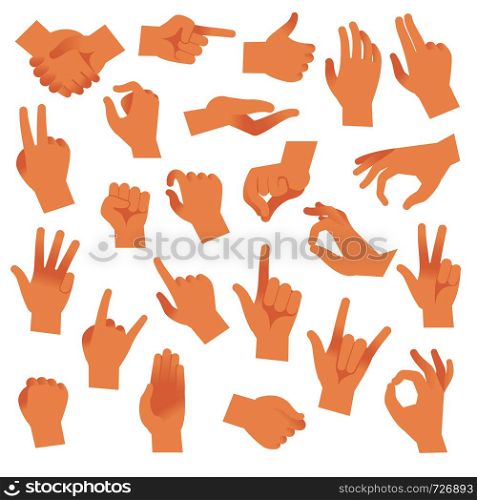 Gesturing hands. Hand with counting gestures, forefinger sign. Open arm showing signal and handshake, interactive communication vector set. Gesturing hands. Hand with counting gestures, forefinger sign. Open arm showing signal, interactive communication vector set