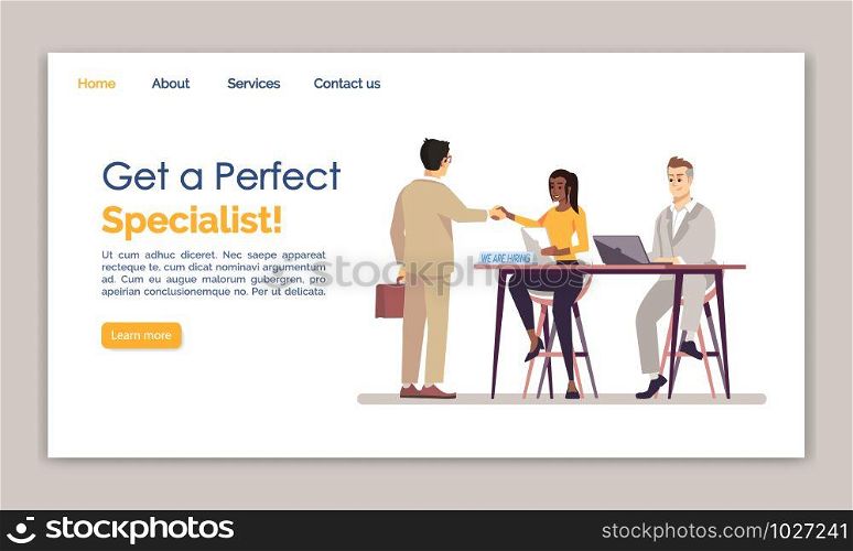 Get a perfect specialist landing page vector template. HR agency website interface idea with flat illustrations. Employment service homepage layout. Staff hiring web banner, webpage cartoon concept