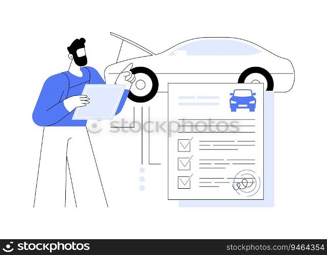 Get a roadworthiness certificate abstract concept vector illustration. Repairman passing vehicle inspection, government procedures, authorize use of car in a road traffic abstract metaphor.. Get a roadworthiness certificate abstract concept vector illustration.