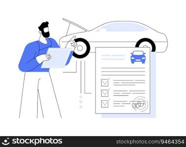 Get a roadworthiness certificate abstract concept vector illustration. Repairman passing vehicle inspection, government procedures, authorize use of car in a road traffic abstract metaphor.. Get a roadworthiness certificate abstract concept vector illustration.