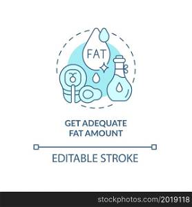 Get adequate fat amount blue concept icon. Pregnancy diet abstract idea thin line illustration. Healthy fat intake. Plant and animal foods. Vector isolated outline color drawing. Editable stroke. Get adequate fat amount blue concept icon