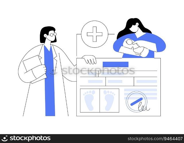 Get birth certificate for a newborn abstract concept vector illustration. Maternity hospital worker making newborn footprint to get birth certificate, citizen services abstract metaphor.. Get birth certificate for a newborn abstract concept vector illustration.