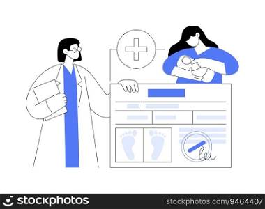Get birth certificate for a newborn abstract concept vector illustration. Maternity hospital worker making newborn footprint to get birth certificate, citizen services abstract metaphor.. Get birth certificate for a newborn abstract concept vector illustration.