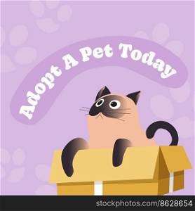 Get cat from pet adoption center organization helping animals to find home. Adopt kitty from rescue shelter, stray or purebred feline mammal with whiskers, true companion. Vector in flat style. Adopt pet today, help stray cats, save kittens
