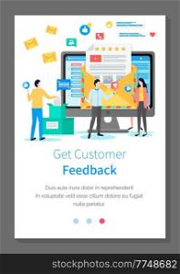 Get customer feedback landing page template. Businessmen getting monney from manager or client. Group of colleagues stands near a computer with an email or letter. Website layout vector illustration. Get customer feedback landing page template. Businessmen getting monney from manager or customer