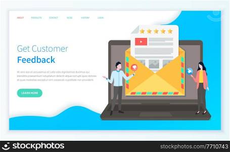Get customer feedback landing page template with confuse businessmen getting a variety of feedback from manager or customer. a group of colleagues stands near a computer with an email or letter. Get customer feedback landing page template with confuse businessmen getting a variety of feedback
