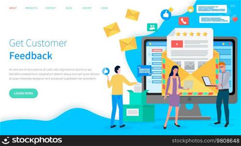 Get customer feedback website business concept. Landing page template with envelope for feedback service, communication and infographic elements, managers and marketers study user experience response. Get customer feedback website business concept. Landing page template with envelope for response