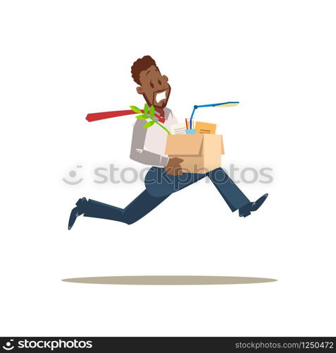 Get Fired. Scared Sad Worker Man Run from Office. Unhappy Employee Dismissed for Bad Work. Stressed Character in Formal Suit Hold Carton Box with Stuff. Flat Vector Cartoon Illustration. Get Fired. Scared Sad Worker Man Run from Office