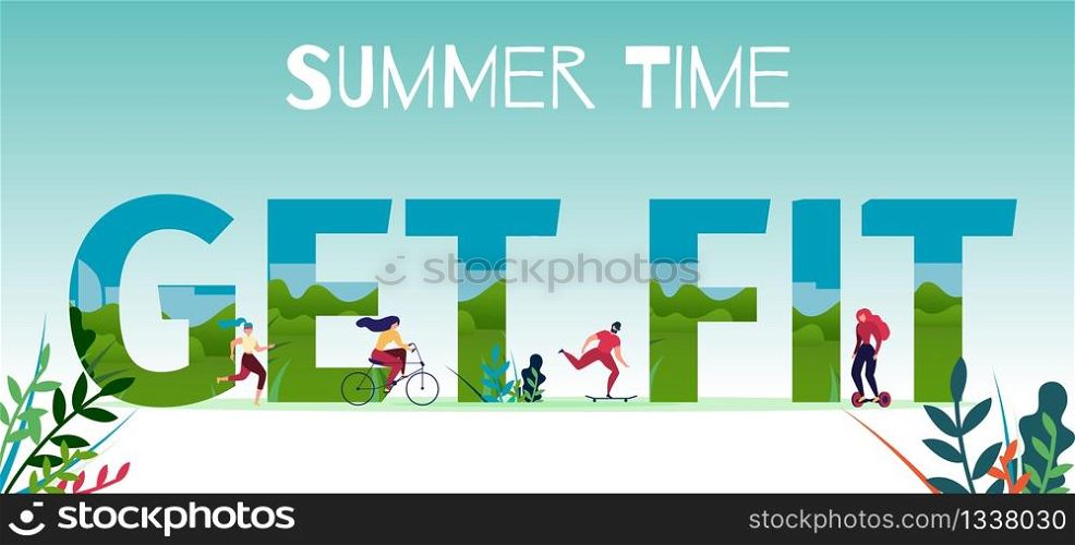 Get Fit Invitation Flat Advertising Sports Banner. Cartoon People Jogging, Cycling, Scooting, Skateboarding through Huge Promotion Letters. Active Lifestyle. Vector Summer Time Illustration. Get Fit Invitation Flat Advertising Sports Banner